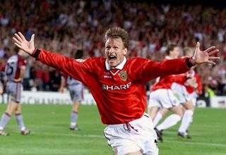 Teddy Sheringham celebrates after equalising against Bayern Munich in the Champions League final