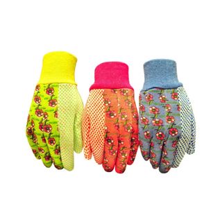Three gardening gloves with floral patterns on - one neon yellow, one peach, and one blue