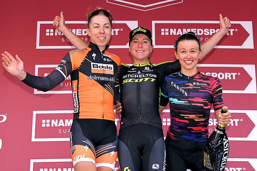 2019 Strade Bianche podium: Annika Langvad (Boels Dolmans), Annemiek van Vleuten (Mitchelton-Scott) and Katarzyna Niewiadoma (Canyon-SRAM)
