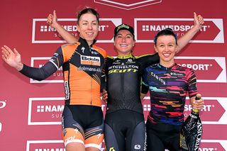2019 Strade Bianche podium: Annika Langvad (Boels Dolmans), Annemiek van Vleuten (Mitchelton-Scott) and Katarzyna Niewiadoma (Canyon-SRAM)