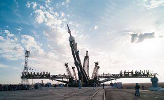 The Soyuz TMA-14M spacecraft is raised into position on the launch pad Sept. 23, 2014 at the Baikonur Cosmodrome in Kazakhstan. Launch of the Soyuz rocket is scheduled for Sept. 26 and will carry Expedition 41 Soyuz Commander Alexander Samokutyaev of the
