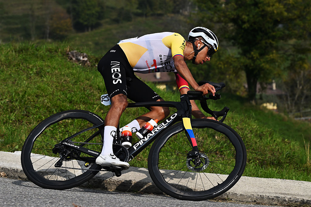 Ineos Grenadiers racer Egan Bernal races in his Colombian champion&#039;s jersey during the 2025 season