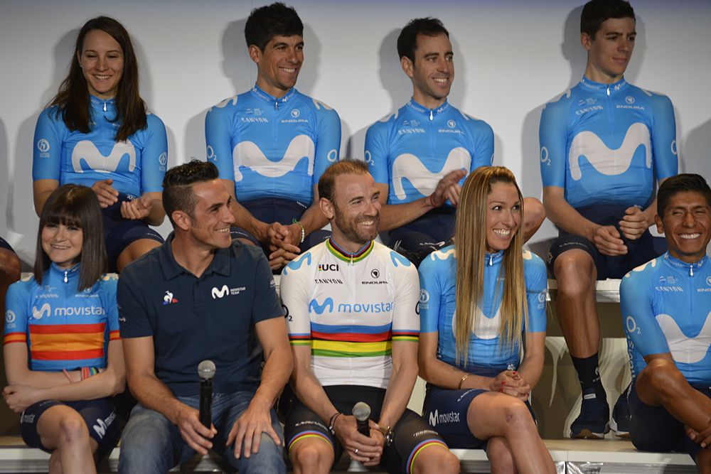 Alejandro Valverde, Mavi Garcia and Eider Merino on stage at the Movistar team presentation 2019