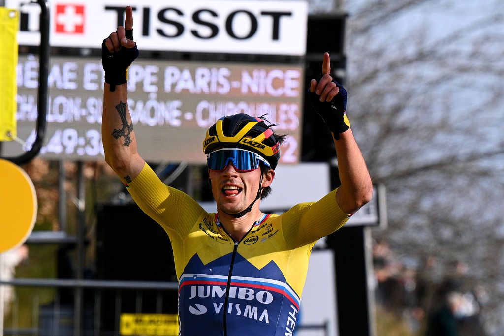 CHIROUBLES FRANCE MARCH 10 Arrival Primoz Roglic of Slovenia and Team Jumbo Visma Celebration during the 79th Paris Nice 2021 Stage 4 a 1875km stage from ChalonSurSane to Chiroubles 702m Breakaway ParisNice on March 10 2021 in Chiroubles France Photo by AnneChristine Poujoulat PoolGetty Images