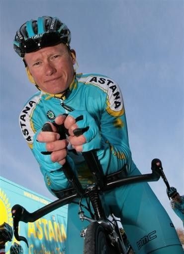 Alexander Vinokourov poses on his bicycle during the Astana team presentation at Montuiri on the island of Mallorca