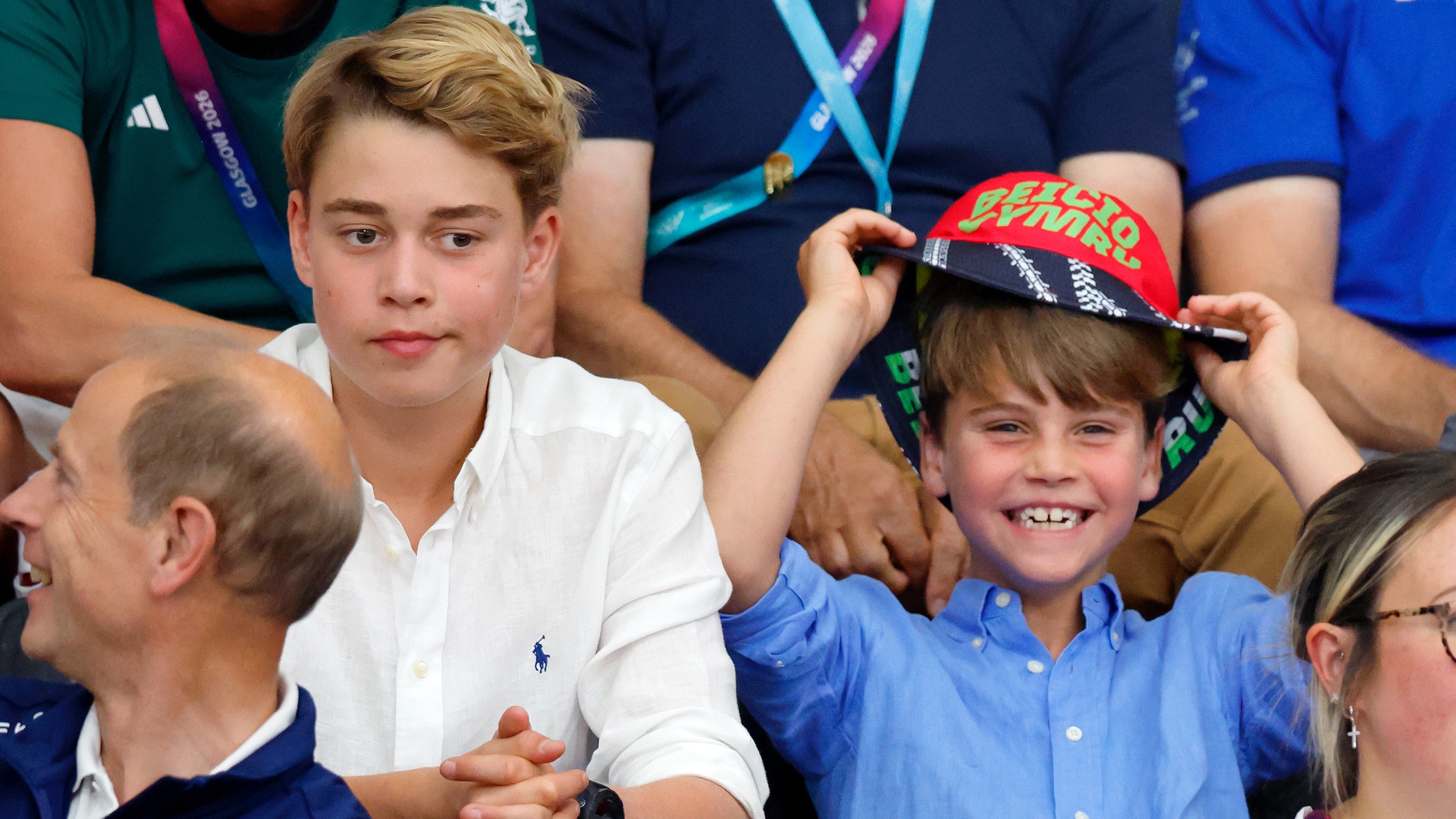 Prince George of Wales and Prince Louis of Wales (wearing a Beicio Cymru - Welsh Cycling bucket hat) watch the track cycling during the Glasgow 2026 Commonwealth Games on August 1, 2026