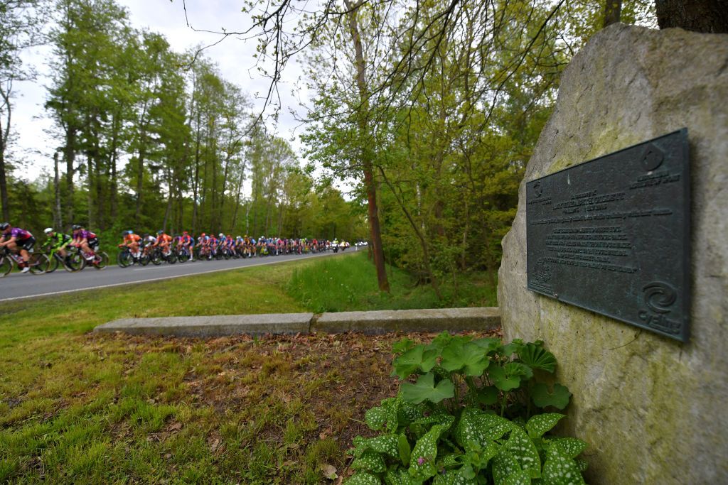 DRTENDORF GERMANY MAY 28 The Peloton passing in front of Amy Elizabeth Gilletts of Australia Ex Procyclist Memorial Plate who died in this area of the race due to an accident in 2005 during the 34th Internationale LOTTO Thringen Ladies Tour 202 Stage 4 a 101km stage from Drtendorf to Drtendorf 420m ltlt2021 lottothueringenladiestour womencycling on May 28 2021 in Drtendorf Germany Photo by Luc ClaessenGetty Images