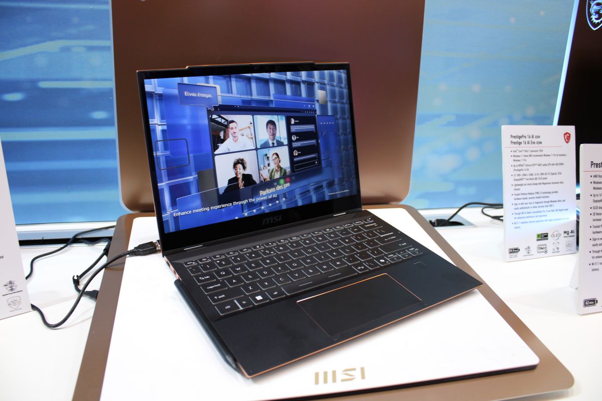 The MSI Summit 13 AI Evo sitting on a table at the MSI suite at CES 2025 in Las Vegas, Nevada.