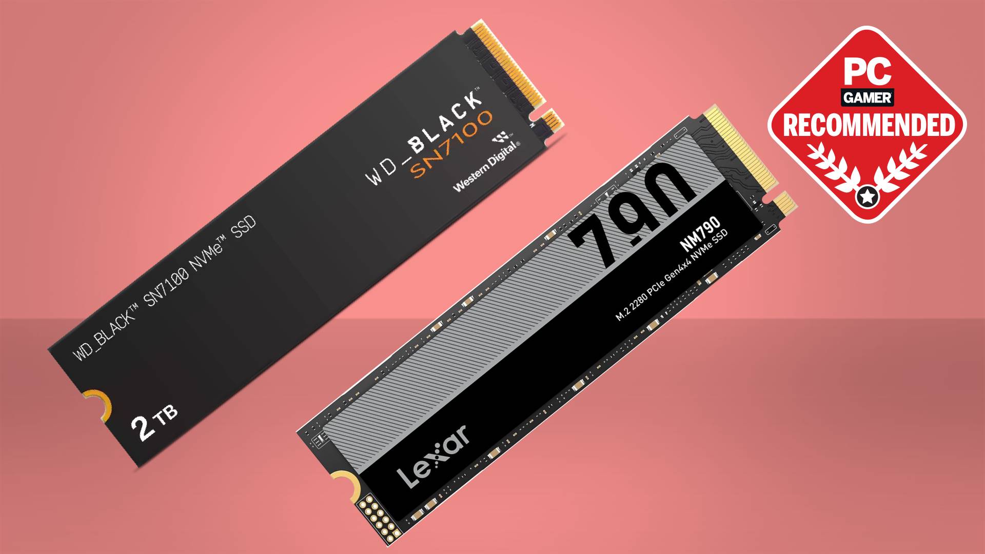 WD Black SN7100 and Lexar NM790 SSDs on a pink background with PC Gamer Recommended label on top