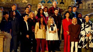 The cast of Season 4 of The Traitors waits to find out if they are traitors or faithfuls in high fashion outside the castle. 