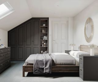 bedroom loft conversion with built in dark grey wardrobes and matching furniture