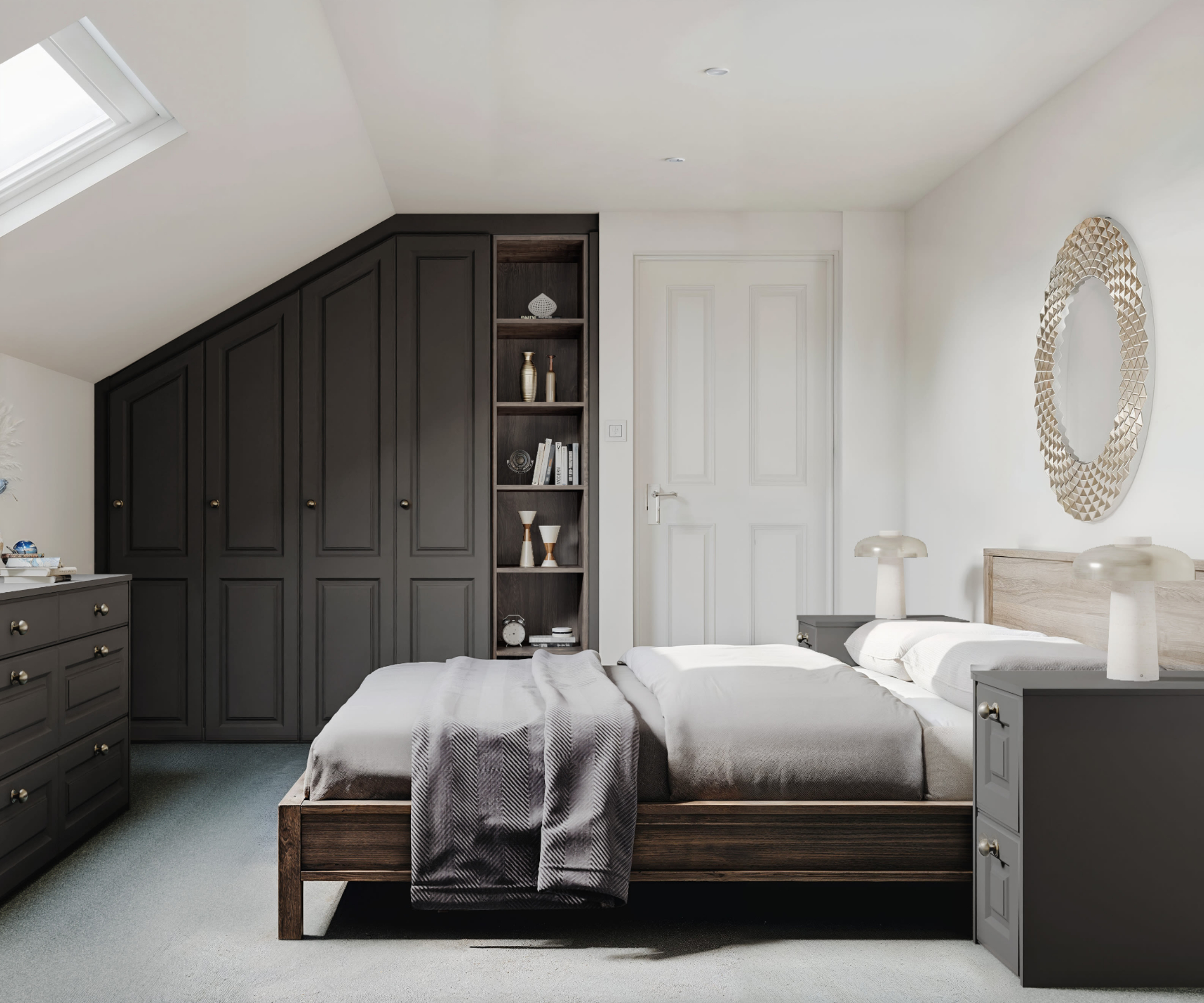 bedroom loft conversion with built in dark grey wardrobes and matching furniture
