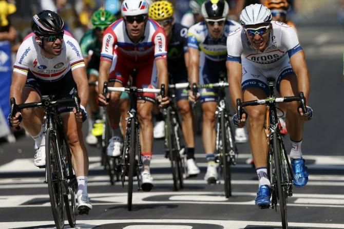 Marcel Kittel (Argos-Shimano) out sprints Mark Cavendish (Omega Pharma Quick Step) in stage 12 of the Tour de France