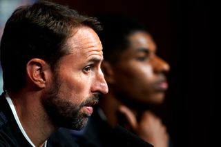 England manager Gareth Southgate (left) and Marcus Rashford during a press conference at Wembley Stadium, London.