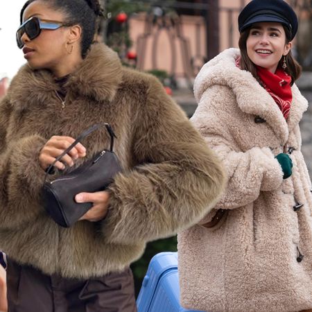 One woman wearing a fur coat with a black bag and black sunglasses; emily in paris wearing a black hat, red scarf, and fur coat.