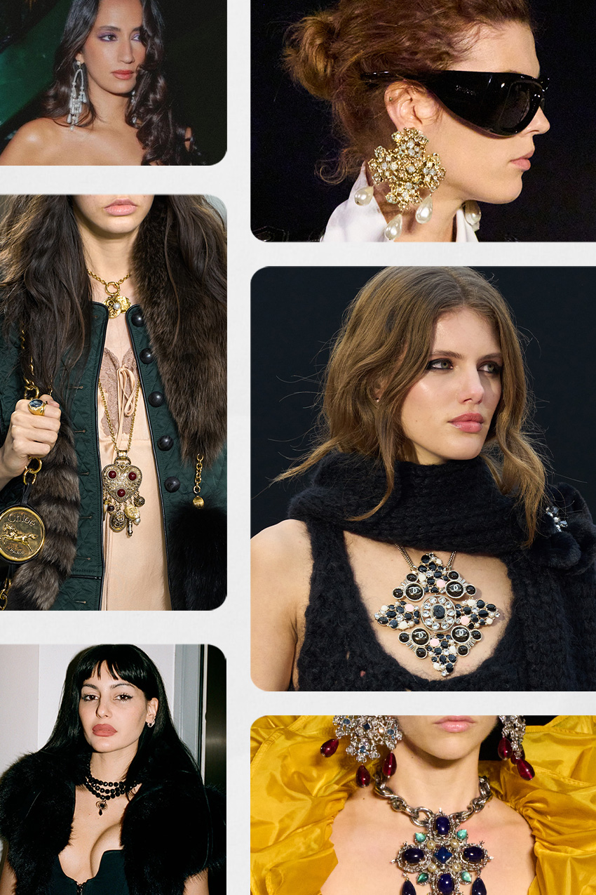 Outdated jewelry trends in 2026 is shown in a collage of the gothic jewelry trend