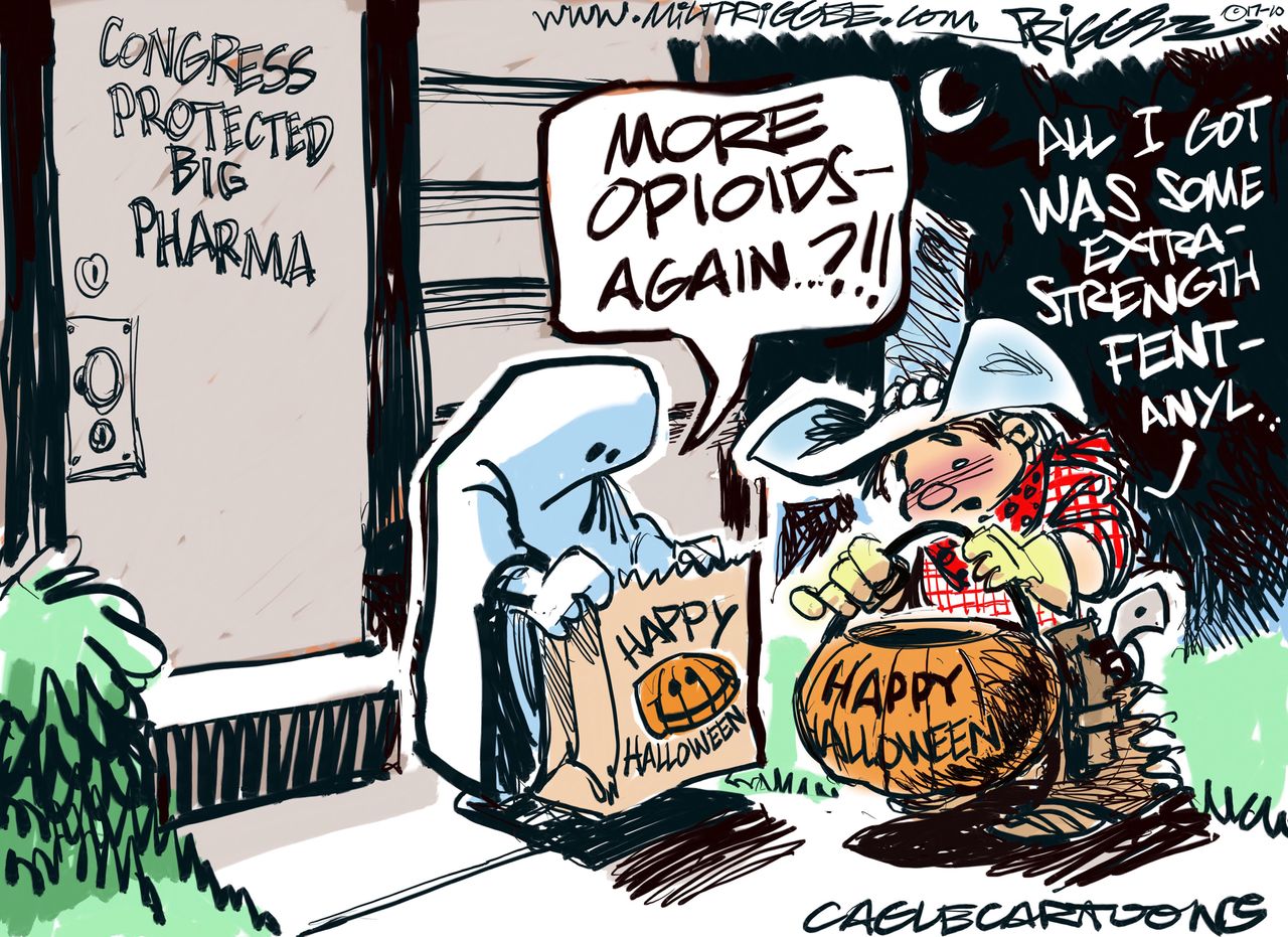 Political cartoon U.S. trick or treat opioids Congress big pharma