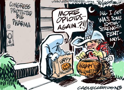 Political cartoon U.S. trick or treat opioids Congress big pharma