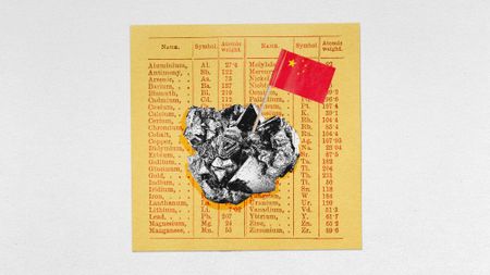 Photo collage of a lump of rare earth metal, with a toothpick flag of China sticking out of it. In the background, there is a fragment of a vintage periodic table of elements.