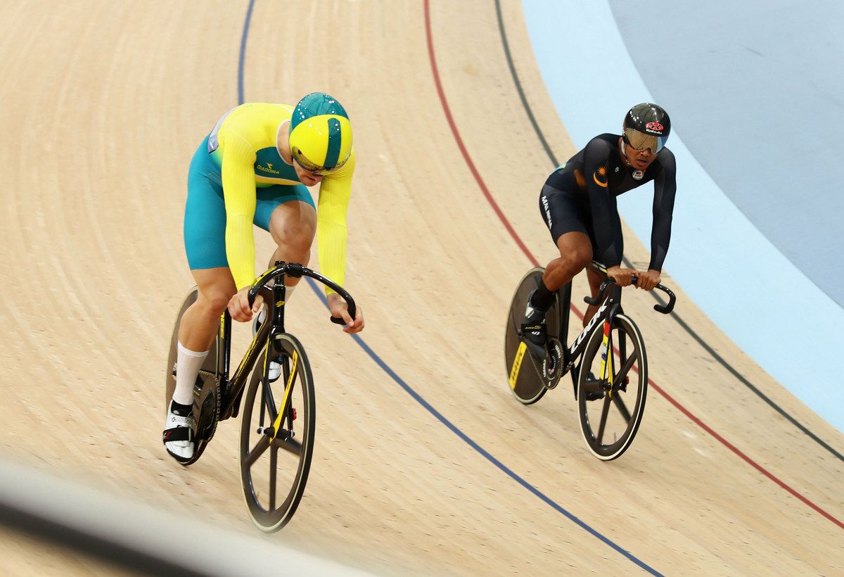 Matt Glaetzer (Australia) reacts having been knocked out of the sprint