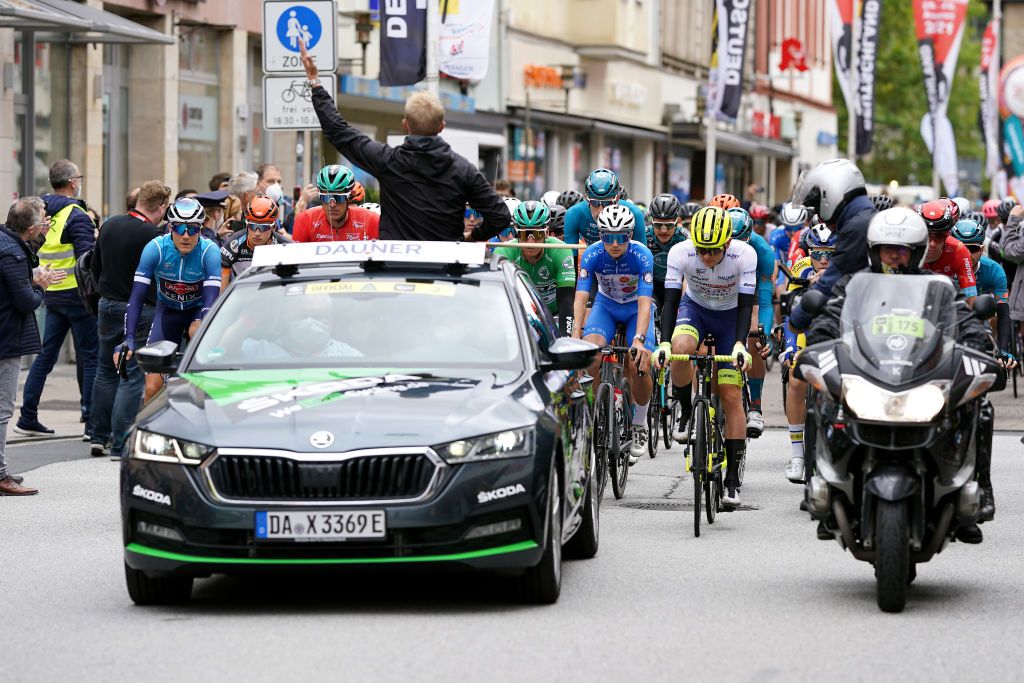 NUREMBERG GERMANY AUGUST 29 LR Louis Vervaeke of Belgium and Team AlpecinFenix blue mountains jerse Pascal Ackermann of Germany and Team Bora Hansgrohe green points jersey Georg Zimmermann of Germany and Team Intermarch Wanty Gobert Matriaux White Young jersey and the peloton compete during the 35th Deutschland Tour 2021 Stage 4 a 1563km stage fro Erlangen to Nrnberg DeineTour on August 29 2021 in Nuremberg Germany Photo by Christian KasparBartkeGetty Images
