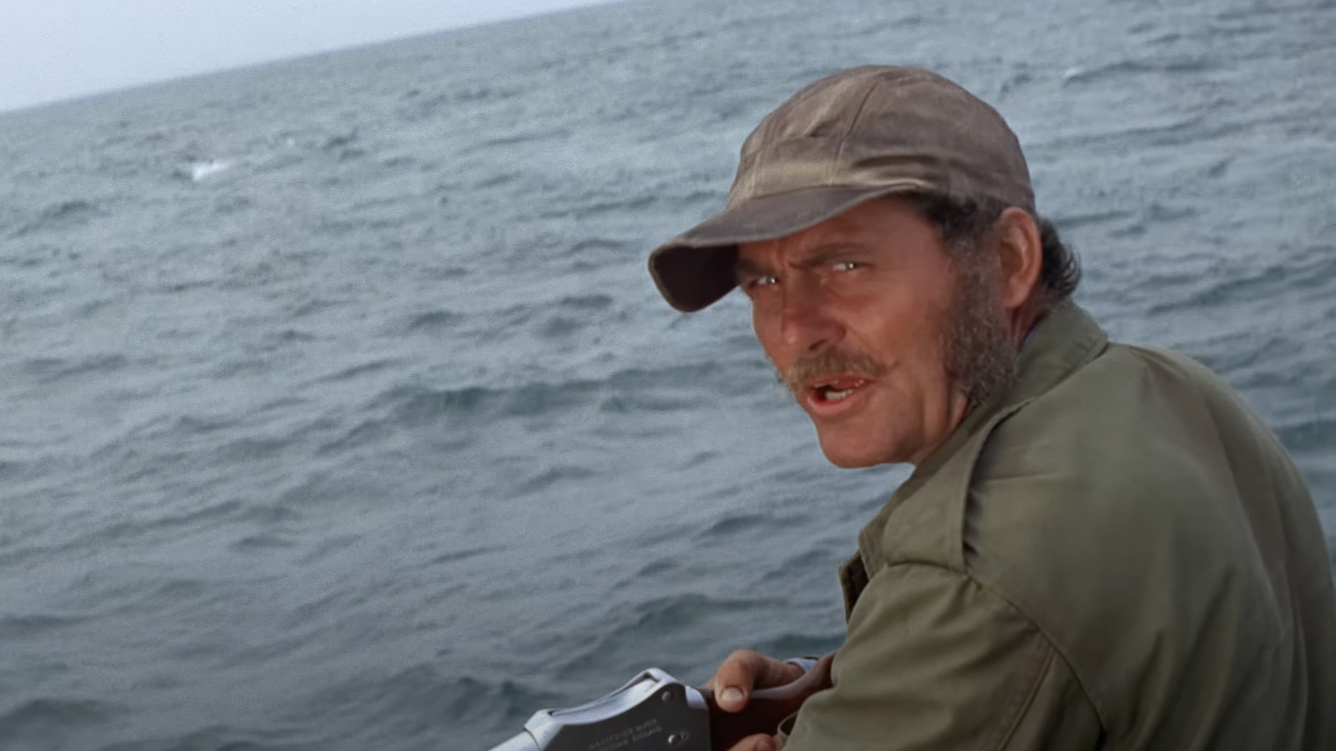 Robert Shaw as Quint prepares to hunt a shark in Jaws.