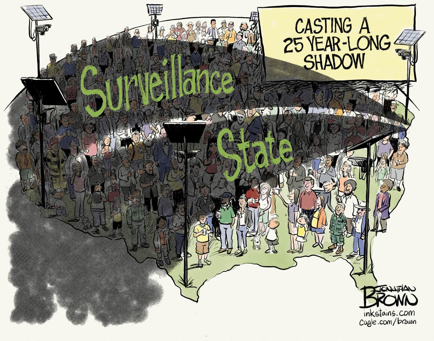 This cartoon is titled &amp;ldquo;Casting a 25 Year-Long Shadow&amp;rdquo;. It depicts a map of the United States and people of all types standing around. The people are covered by a dark cloud labeled &amp;ldquo;Surveillance State&amp;rdquo; that stretches from New York to the West Coast and is enhanced by Flock cameras.