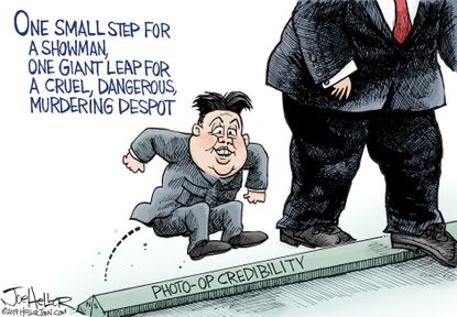 Political Cartoon U.S. Trump Kim Jon One Small Step Photo-Op Credibility