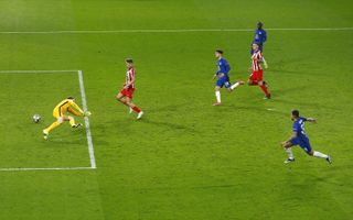 Emerson Palmieri scores for Chelsea against Atletico Madrid in the Champions League in March 2021.