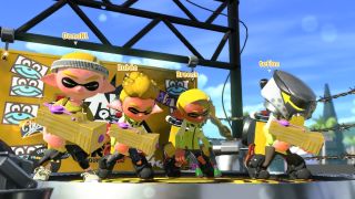 Splatoon 2 yellow team of four, readying to fight