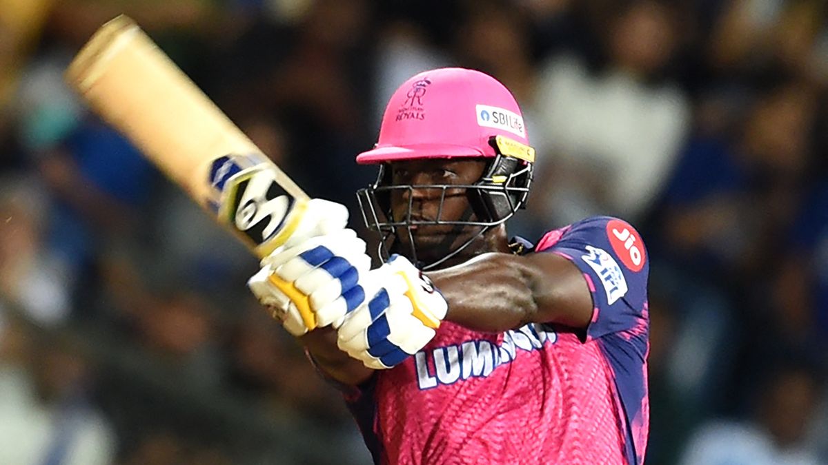 Rajasthan Royals&#039; Jason Holder plays a shot during the Indian Premier League (IPL) Twenty20 cricket match between Mumbai Indians and Rajasthan Royals at the Wankhede Stadium in Mumbai