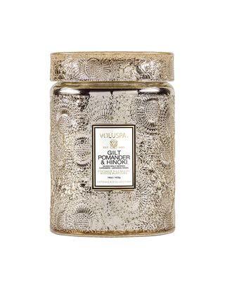 Voluspa Gilt Pomander Hinoki, Large Candle Jar, 18 Oz, 100 Hour Burn Time, All Natural Wicks and Coconut Wax for Clean Burning, Vegan, Poured in the Usa