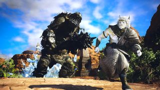 A sagely half-human/half-lion running away from a heavily armored troll in a rocky dune region as an explosion of ice is triggered by the troll, conveying a cinematic chase sequence.