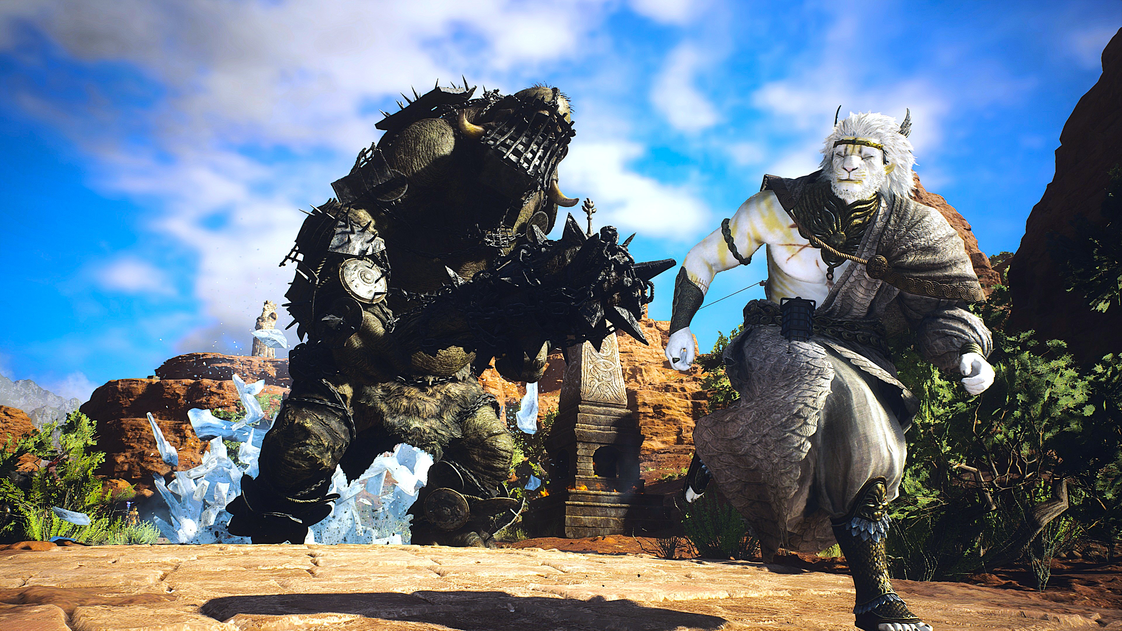 A sagely half-human/half-lion running away from a heavily armored troll in a rocky dune region as an explosion of ice is triggered by the troll, conveying a cinematic chase sequence.