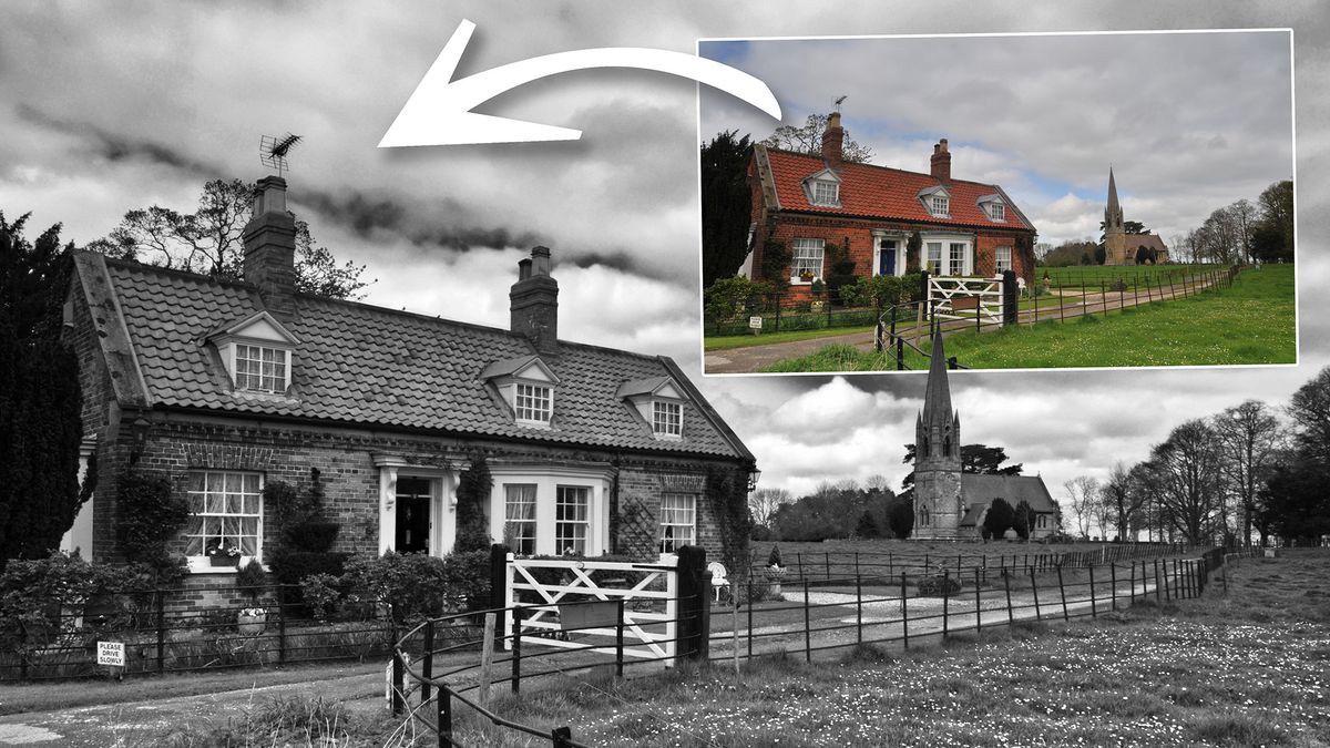 A black-and-white image of a country cottage, with the original color version inset with an arrow used to illustrate the transition 