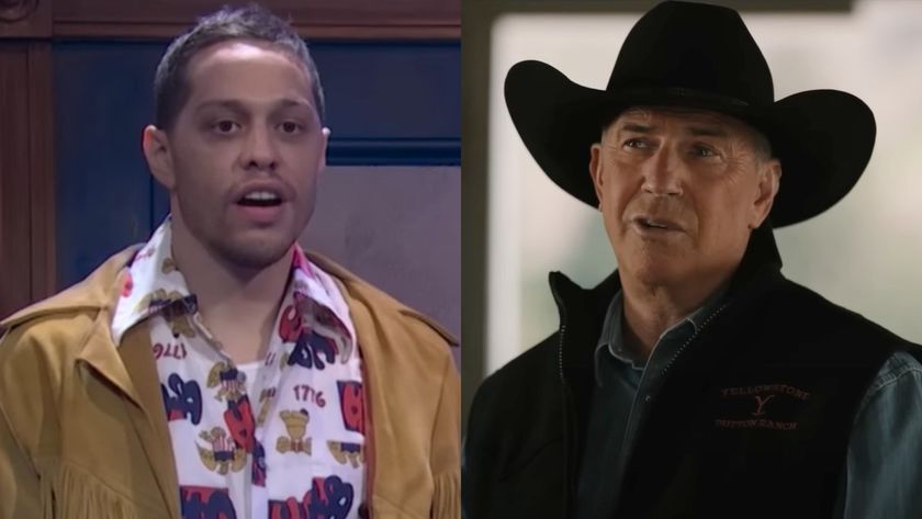 From left to right: Pete Davidson standing with his mouth open on SNL and Kevin Costner as John Dutton talking and looking to his left while wearing a cowboy hat on Yellowstone.