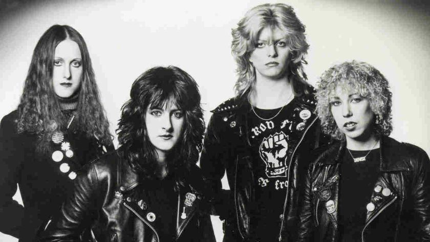 Girlschool posing for a photograph in the early 1980s