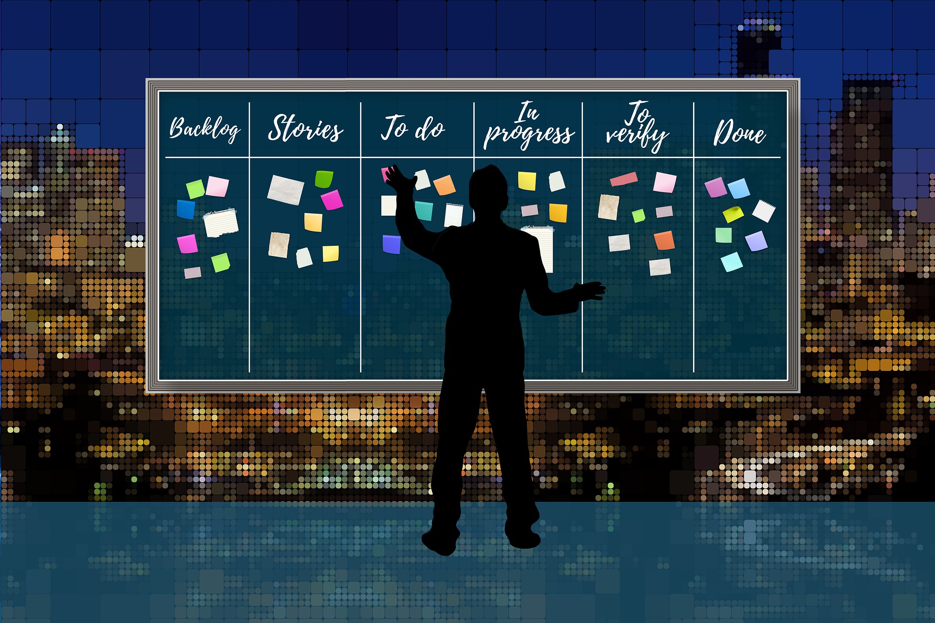 Person in front of a Kanban board with sticky notes in different columns