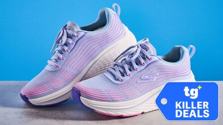 Skechers Max Cushioning Elite 2.0 running shoes with a TG Savings Squad badge.