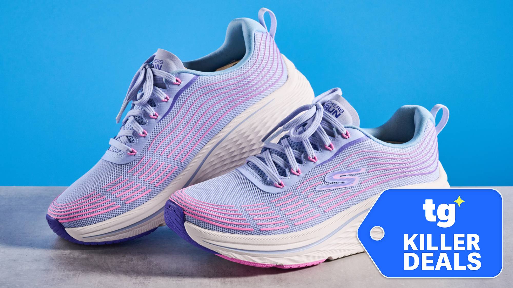 Skechers Max Cushioning Elite 2.0 running shoes with a TG Savings Squad badge.
