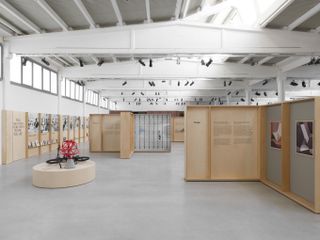 Interior of exhibition with wall blocks