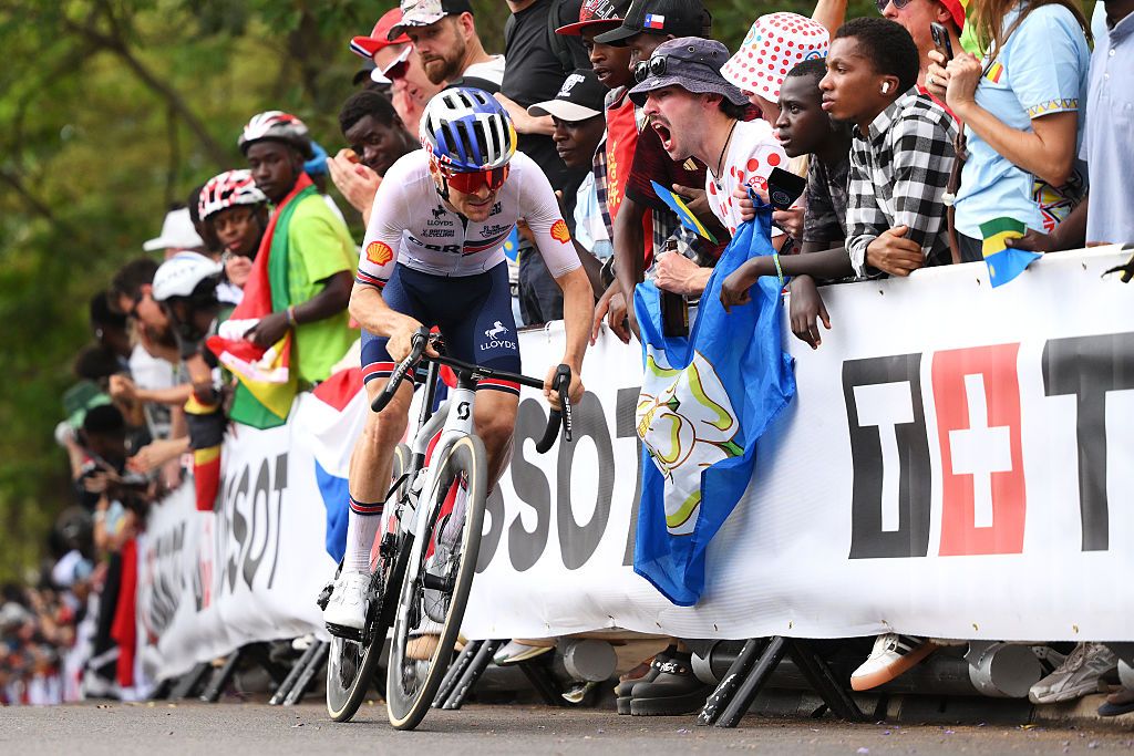 Tom Pidcock during the 2025 UCI road race World Championships in Kigali, Rwanda 