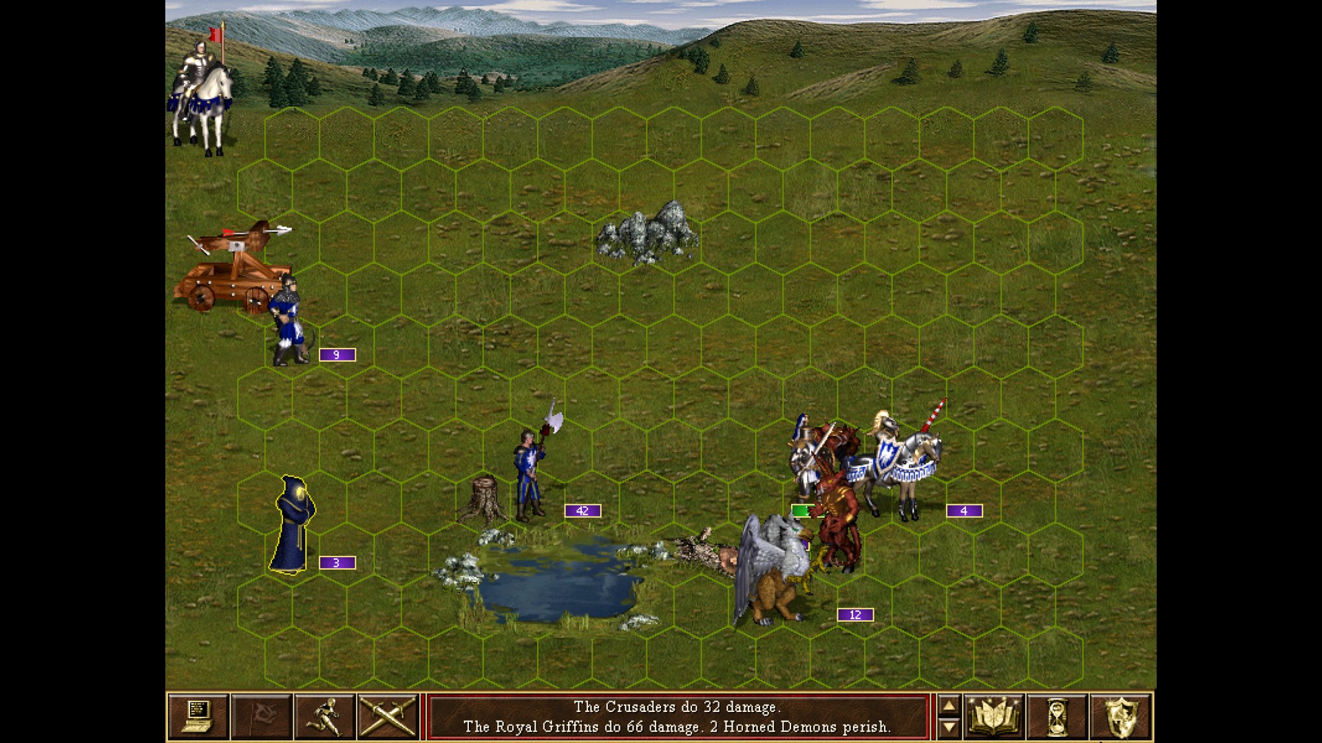 A battle on a grass field in Heroes of Might and Magic 3: Complete