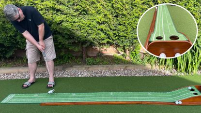 A golfer uses the Perfect Practice Perfect Putting Mat