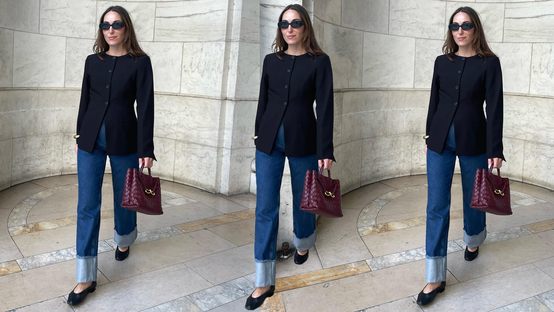 anna wears black aligne blazer jeans and burgundy bottega bag