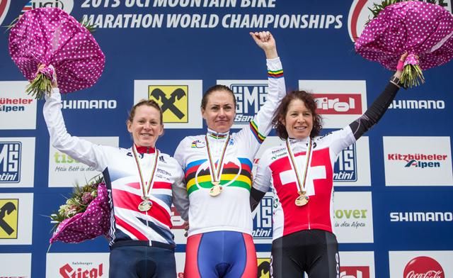 Elite women's marathon Worlds podium: Sally Bigham, Gunn-Rita Dahle Flesjaa, Esther S&uuml;ss