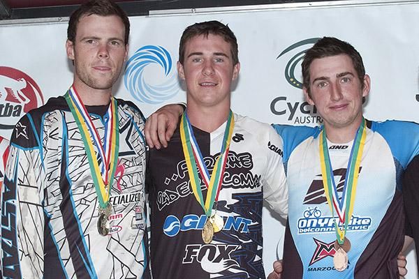 The elite men's podium at Mt. Major (l-r): Rhys Atkinson (2nd), Rhys Willemse (1st), and Tim Eaton (3rd).