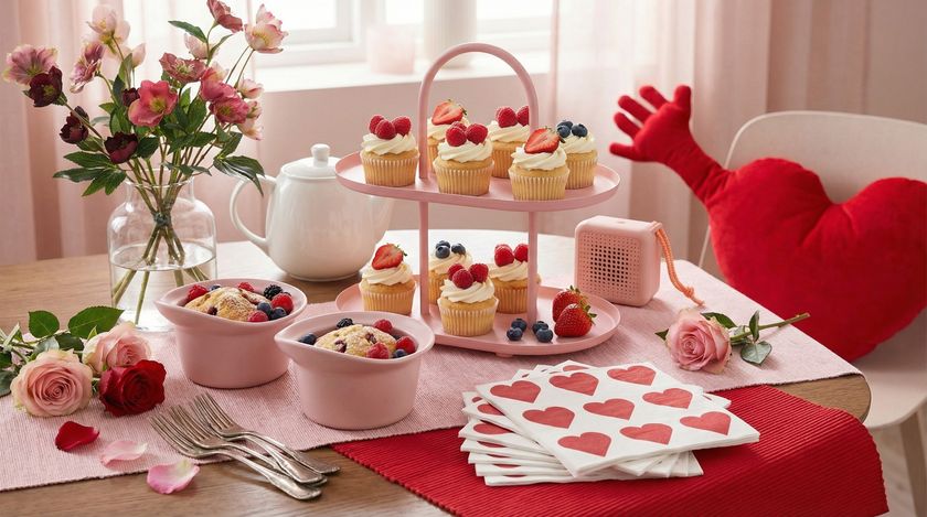 IKEA Valentine's Day kitchen accessories laid out on table with cakes and flowers