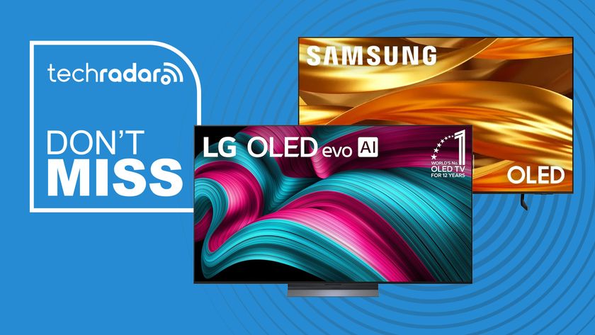 LG and Samsung OLED TVs, with a sign saying &quot;Don&#039;t Miss&quot;