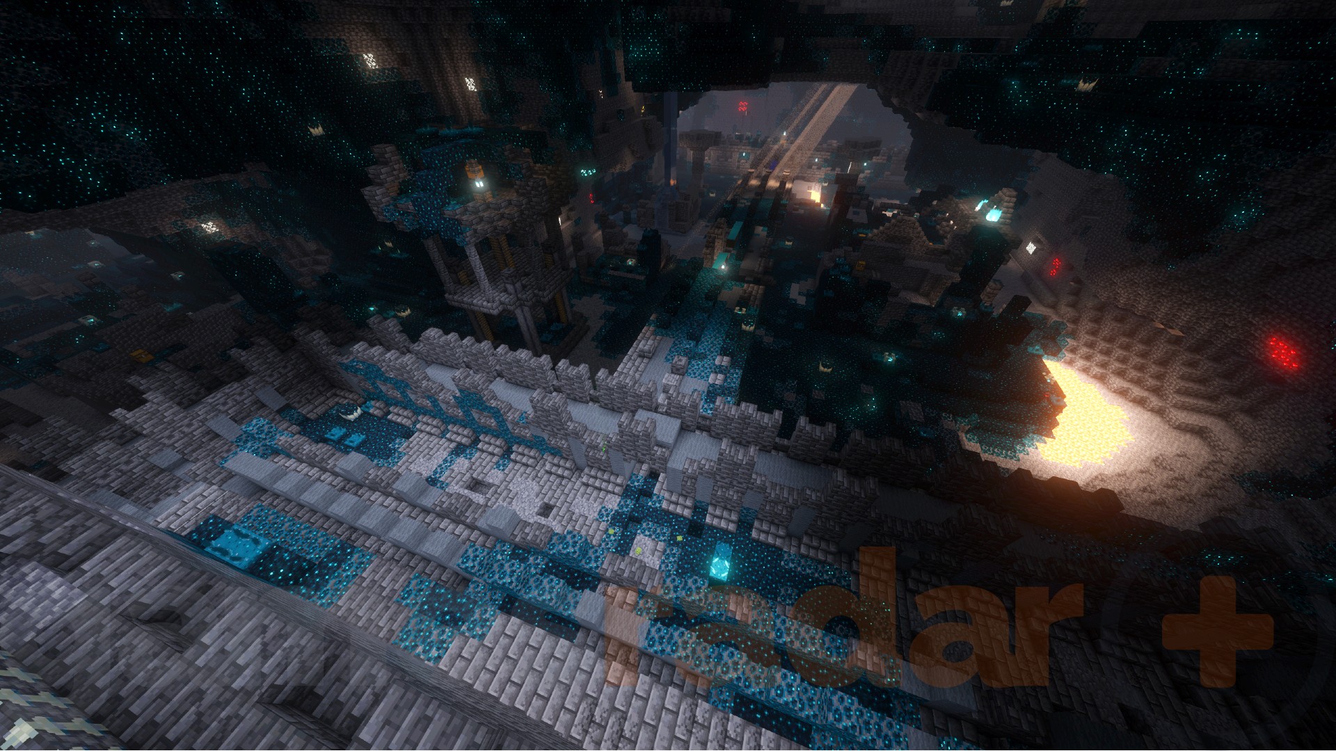 The view from spawn of an Ancient City in one of the best Minecraft seeds.